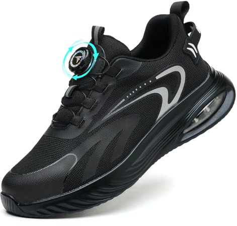 AEKYIWL Zapatos de Seguridad para Hombre Mujer Calzado de Seguridad Comodo Zapatillas de Trabajo con Punta de Acero Cordón con Hebilla giratoria Negro, 42 EU