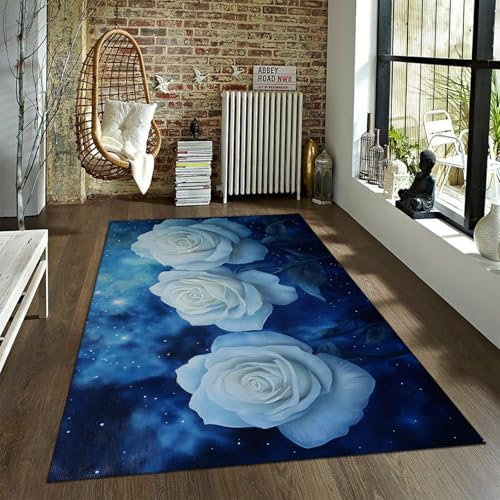 BYLEEHOMED Boho Florale waschbare Teppiche 150x210cm weiche rosa Teppiche für Schlafzimmer dunkelblaue rutschfeste Teppiche für das Wohnzimmer weicher niedrigfloriger Teppich