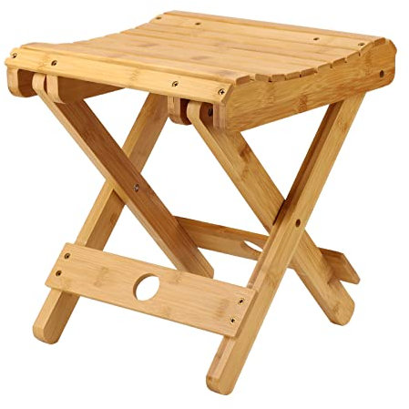 Klapphocker aus Holz mit Teakholz-Finish, tragbarer Tritthocker und Beistelltisch für Garten, 31,5 x 28,5 x 28 cm