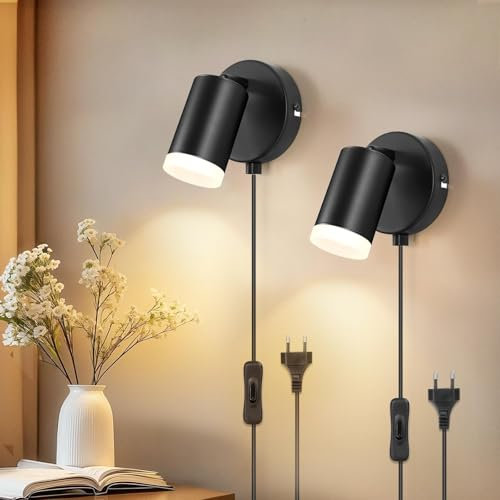 Dehobo Applique Murale Intérieure avec Interrupteur - GU10 Spot Lampe Mural 7W Moderne Tourner 350° pour Tableau pour Chambre à Coucher Salle de Lecture Bureau - Noir Givré 2 packs - Sans Ampoules