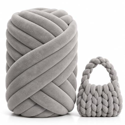Armstricken Wolle 500g 16m, XXL Samt Schlauchgarn zum Handstricken | 3CM Extra Dickes Grob Gestrickte Handstrickgarn, Dicke Woll Sperrige Chunky Yarn für DIY Tasche Decke Kissen (Dunkelgrau)