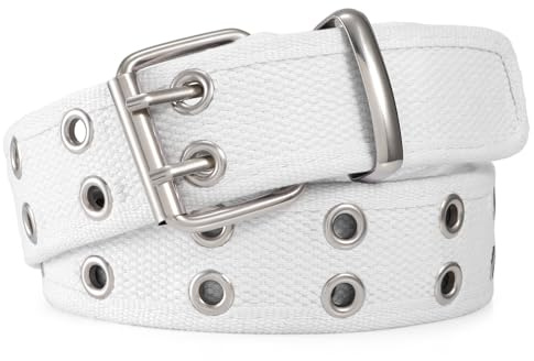 JASGOOD Ceinture Homme Tissu en Toile Double Oeillet Réglable Ceinture Punk Unisexe Style Double Boucle pour Jeans Pantalon,Blanc(boucle argenté),Taille moins de 102cm(Longueur 120 cm)