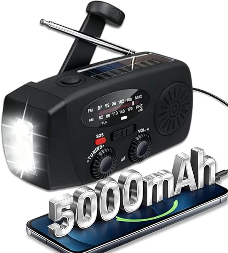 ZDAGELD Radio de Emergencia con Manivela Solar, Radio Portátil Am/FM/Dab con Banco de Energía de 5000 MAh, Linterna LED, SOS, IPX3 Resistente Al Agua para Exteriores y Supervivencia (Versión Europea)