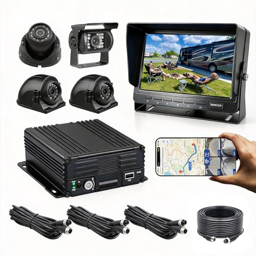 4CH 4G WiFi GPS Hard Drive Mobile DVR Video Recorder Remote View on PC Phone with 7 VGA Monitor 4x1080P Night Vision/IP69K Waterproof Camera for Vehicle RV Truck Trailer, HDD 2TB + SD 512GB Support