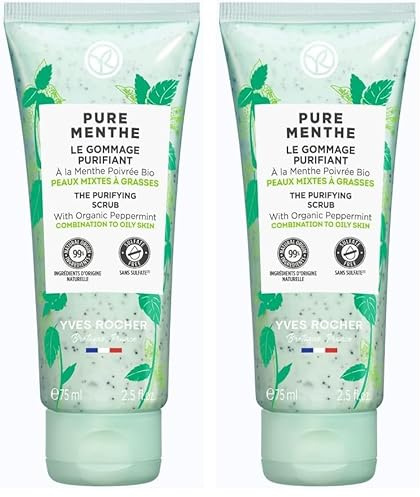 Yves Rocher PURE MENTHE Klärendes Peeling, Gesichtspflege mit Bio-Pfefferminze, für strahlende Haut, 1 x 75 ml Tube (Packung mit 2)