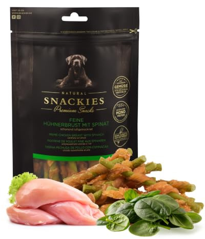 SNACKIES Premium Snacks für Hunde, ohne Zusatz von Getreide, Zucker, Farb-, Aroma- und Konservierungsstoffe, schonend luftgetrocknete Leckerli, Feine Hühnerbrust mit Spinat 170g