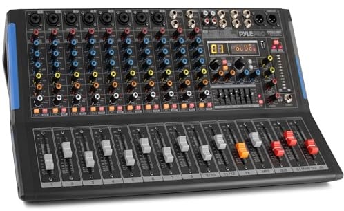 PYLE 12-Kanal Bluetooth Studio Audio Mixer DJ Sound Controller Interface mit USB Laufwerk für PC Recording Eingang, RCA, XLR Mikrofonbuchse, 48V Leistung, für Profi und Anfänger - PMXU128BT