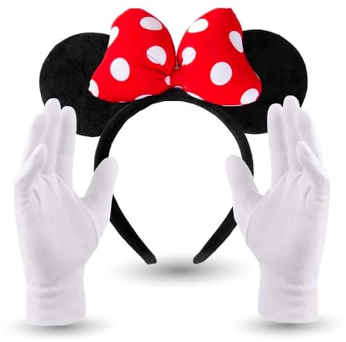 TK Gruppe Timo Klingler 3x Haarreifen Minnie Maus Ohren Kostüm Set mit Handschuhen und Mausohren für Damen an Fasching & Karneval