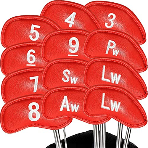 Golf Club Headcovers Iron Synthetic Leather Deluxe Value 12 Pcs/Set, Golf Head Covers with Number Printed Durable Light for Men Women Universal Fit All Irons Clubs (Red)