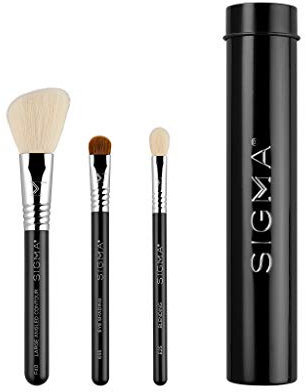 Sigma Beauty Travel Essential Trio – Lot de 3 pinceaux de maquillage pour fond de teint, poudre, fard à paupières, avec support en étain, sans danger pour la peau, pinceaux de maquillage végétaliens
