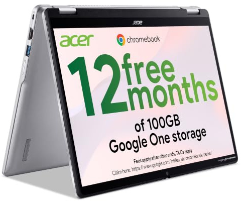 Acer Chromebook Spin 314 CP314-2HN Convertible Laptop - Intel N100, 4GB, 64GB eMMC, Integrated Graphics, 14 WUXGA Touchscreen Display, Google Chrome OS, Silver - Charger not included