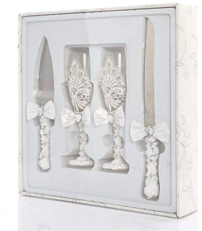 Fournitures de mariage 4 pièces : couteau à gâteau, pelle à tarte et 2 flûtes à champagne de mariage - Cadeaux pour mariés - C