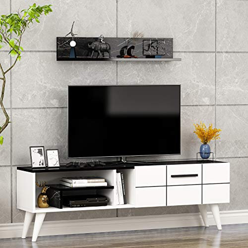 Homidea Nora TV Bank - TV Lowboard - Fernsehtisch (Weiß/Marmor)