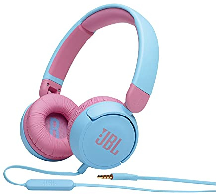 JBL JR310BLU Children's Headphones with Volume Control, Customized Stickers, Remote Control Microphone, Light Blue/Pink, 2021 Model