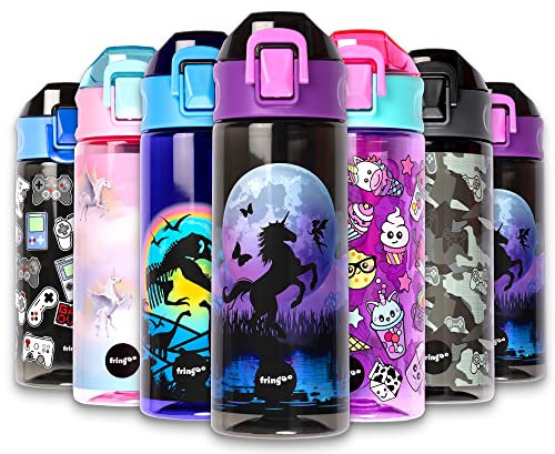 fringoo - Lune de la licorne - Bouteilles d'eau sans BPA - Bouteille d'eau à paille rose - Bouteille d'eau réutilisable - 600 ml / 20 Oz
