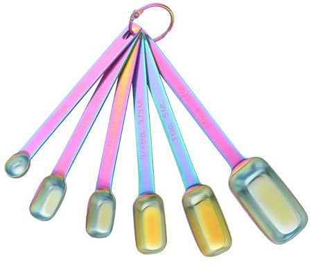 Measuring Spoons Set of 6, Stainless Steel Measuring Spoon with Accurate Measurement Markings and Removable Clasp, Teaspoon Measure Spoon for Dry and Liquid Ingredients (Rainbow, Square)