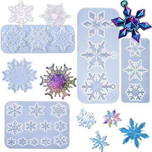5 Stück Silikon Schneeflocke Formen, Kalolary Weihnachten Harz Gießform Weihnachten Epoxidharz Anhänger Form Kit für Schmuck Schlüsselanhänger machen Urlaub Party Ornamente Halskette Basteln Zubehör