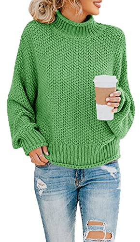 Saodimallsu Maglione da Donna Largo Scollo Mezzo Alto Casual,Verde Chiaro,M