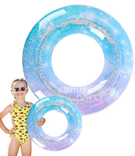 27,5 Zoll Aufblasbar Schwimmreifen mit Glitzer für Kinder Regenbogen Pailletten Schwimmenring Luftmatratze Pool Floaties Strand Schwimmbad Pool Spielzeug