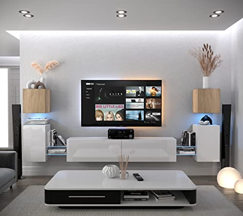 Furnitech Wohnwand Wohnzimmer | Wohnzimmer Möbel mit LED RGB - 16 Farben | Hängend Wohnwand Modern | Wohnzimmer Schrankwand mit Regale und TV Schrank (AN105-21SW-HGM2 1B)