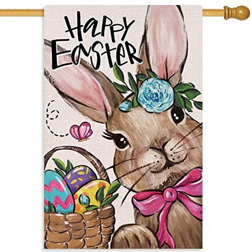 Covido Home Decorative Happy Easter Hase Haus Flagge, bunte Ostereier Garten Hof Außendekorationen, große Dekoration für den Außenbereich, doppelseitig, 71 x 101 cm