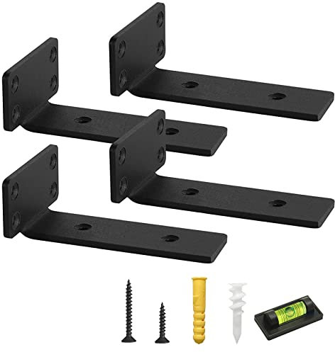 Mardili Floating Shelf Brackets 4 Pcs of 6 inch Heavy Duty Industrial Shelf Bracket with Spirit Level, Black Metal L Brackets for Wall Mounted Shelves Support DIY(1/5 Inch Thicked)