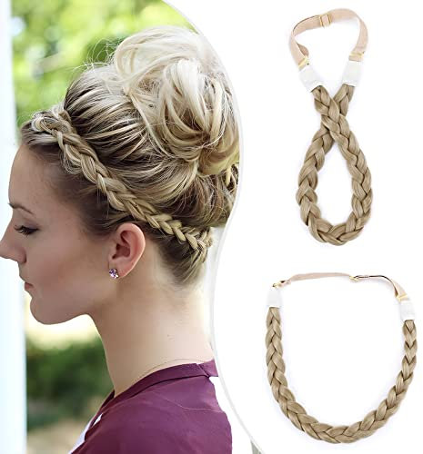 Elailite Haarband Geflochten Haargummi mit Haare Damen Haarteile Dutt Braids Extensions Stirnband Breit 1.5cm/S Zopf Haarreif Verstellbare Kopfband Haarschmuck 27g Aschblond