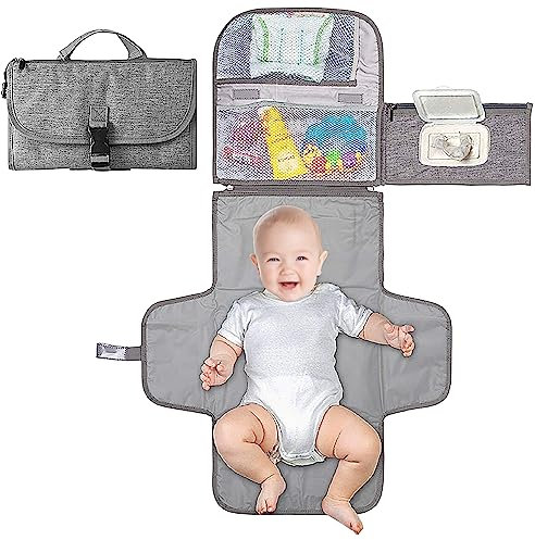 Matelas À Langer De Voyage, Matelas À Langer De Voyage Pour Bébé, Matelas À Langer Portable, Avec Un Distributeur De Lingettes, Poches En Tissu Mesh Et À Fermeture Éclair (Gris)