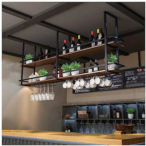 EYLINK Casier à vin Suspendu au Plafond Industriel, avec Support en Verre et étagère, étagère à Bouteilles de vin en Bois à 2 Niveaux, présentoir de Stockage de vin Multifonctionnel (Couleur : Noir
