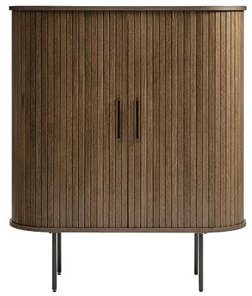 Trendstore Uriel Highboard in Lamellenoptik, Schiebetüren, moderner Retrolook, Lamellen-Design, Metallakzente, praktische Metallfüße, 2 Einlegeböden, Wohnzimmer, Lamellen Eiche Furnier Smoked