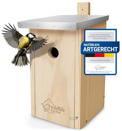 WILDLIFE HOME Nichoir mésanges, Cabane à Oiseaux avec Toit en Métal pour Mésanges Charbonnières, etc. I selon NABU en Bois Massif Vissé I Résistant aux Intempéries et Non Traité I Nichoir à Suspendre