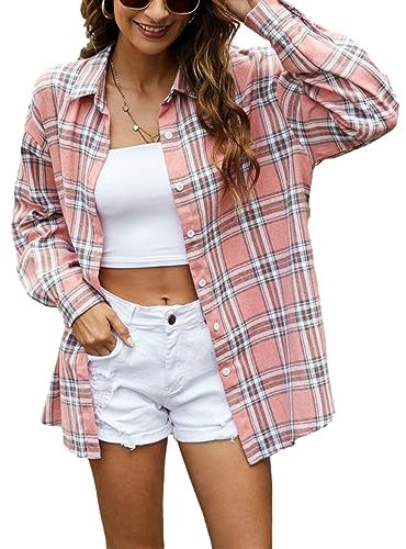 Zontroldy Chemise à carreaux en flanelle pour femme - Manches longues - Boutonnée - Chemisier à carreaux de buffle, rose, Taille L