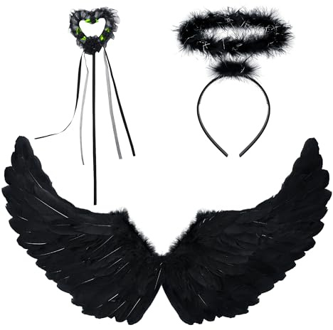 Alas de Ángel Negro y Halo Con Varita de Hada - Disfraz de Ángel Caído Para Halloween de 3 Piezas - Alas Para Adultos y Diadema Negra
