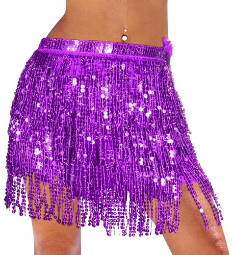 Monbessi Glitzer Rock Damen Pailletten Rock Stilvoll GlitzerRock Karneval FransenRock (Lila)