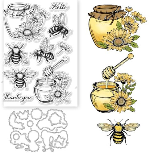 GLOBLELAND 2Pcs Bee Flowers Clear Stamps and Cutting Dies Bee Honey Jars Daisies Silicone Clear Stamps Cards and Metal Die Cuts for Card Making and DIY Embossing Scrapbooking