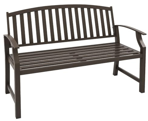 Outsunny Garden Bench Outdoor Metal Bench with Slatted Backrest Brown | Slatted Seat, Curved Armrest, for Conservatory, Garden, Poolside, Deck