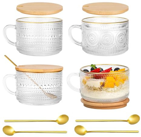 Collazoey 4 Pcs Groß Kaffeetassen Set,Mit Goldrand Vintage Latte Macchiato Gläser,mit Deckel und Löffel(400ml), für Kaffee, Cappuccino,Latte,Overnight Oats & Mehr