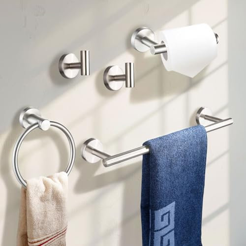 Betadistor Bathroom Hardware Set 5 PCS Stainless Steel Towel Racks Heavy Duty Wall Mounted Towel Bar Toilet Paper Holder Towel Ring Robe Towel Hook Bathroom Accessories Set, Silver, 120505