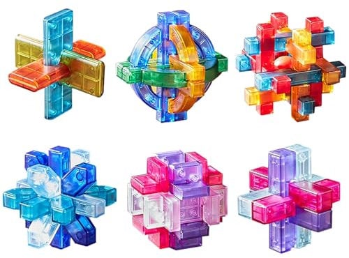 Holzsammlung Set of 6 3D Brain Teaser Puzzles, IQ Challenge Puzzle Games, Logic Mind Puzzles Box Toy Removing Assembling Lock Puzzle Gift Set for Adults Teenagers Kids, 2.7inch 7cm