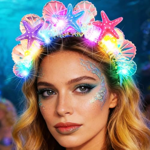 Reaky Leuchtende Seestern-Stirnbänder, LED-leuchtende Muschel-Haarbänder, glitzernde Meerjungfrau-Kopfbedeckung, Strandparty, Rave-Kostüm, Haar-Accessoires für Frauen