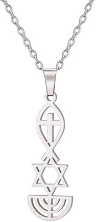 EUEAVAN Collana con sigillo messianico Sigillo messianico di Gerusalemme Collana con ciondolo Stella di Davide, Ichthus con croce, Menorah, collana di stelle ebraiche Gioielli Hanukkah (A-argento)