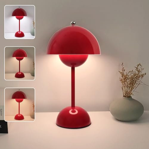 EXTRASTAR Flowerpot LED Tischlampe, Dimmbare Touch-Pilz Lampe, Kabellos mit 3 Farbtemperatur, USB-Aufladbare, Tischlampe für Schlafzimmer, Wohnzimmer, Rot