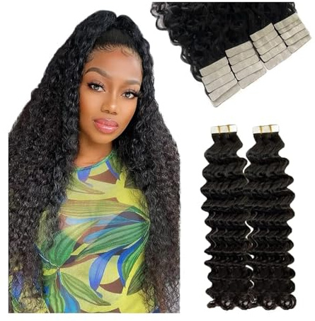 Seamless Tape in Hair Extensions, Lockige Tape-in-Haarverlängerungen aus Echthaar, tief gewelltes Echthaar-Tape-in-Extensions, unsichtbares doppelseitiges Remy-Tape-in für schwarze Frauen,Perfect f