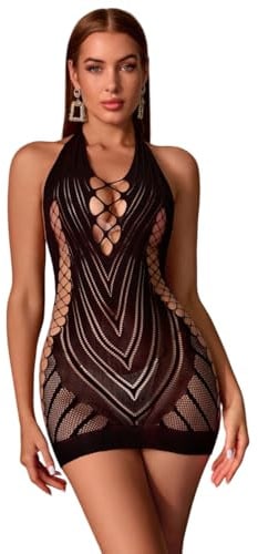 OXDOHUE Lingerie résille Sexy pour Femme - Tenue Moulante - Longue Robe Tubulaire - Col Rond Robe Maxi
