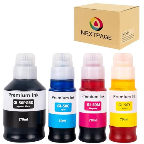 NEXTPAGE GI50 GI-50 Ink Compatible with Canon Pixma GI 50 Ink Bottle for Pixma PIXMA GM2050 GM4050 G5050 G6050 G7050 Printer Black Cyan Magenta Yellow (4 Pack)