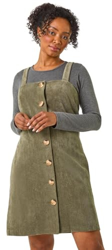 Roman Petite Corduroy Pinafore Button Dress for Women UK - Ladies Everyday Autumn Winter Round Neckline Comfy Soft Evening Vacation Work Party Night Out