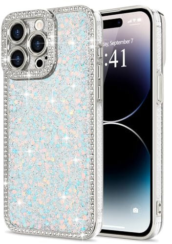Lafunda Glitzer Hülle Kompatibel mit iPhone 14 Pro Max Handyhülle Mädchen Schuzhülle Glänzend Sparkle Diamond Hülle 3D Bling Kirstall mit Kameraschutz Case für iPhone 14 Pro Max Weiß