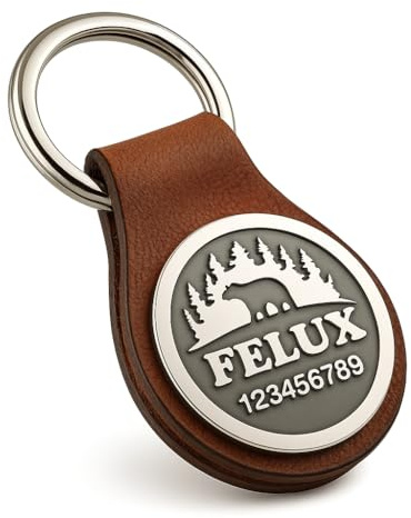 Felux - Personalisierte Hundemarke aus Echtleder und Edelstahl – Handmade in Deutschland – Individuell gravierbar mit Name und Kontaktdaten (Bear in the Woods)