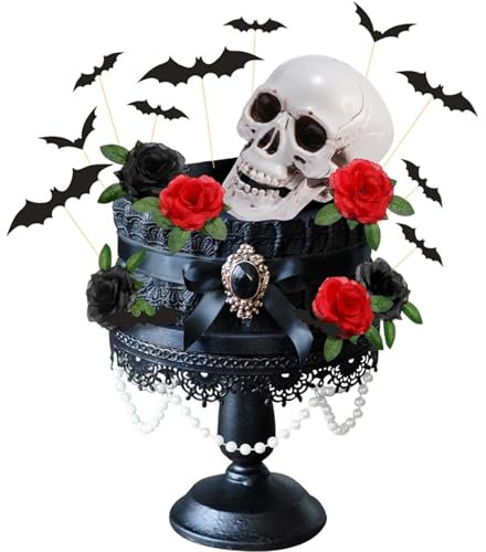 Gothic Cake Decorations - 29PCS Gothic Rose Skull Cake Topper, Halloween Cake Topper Set With Skull Rose Bat Ghost Designs, Black Cake Decorations, Halloween Skull Decorations for Party Birthday