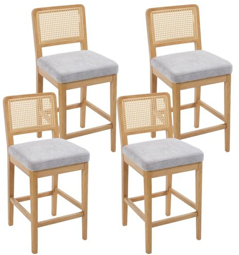 chairus Lot de 4 Tabourets de Bar avec Dossier en Rotin Tabourets de Comptoir en Chenille sans Accoudoirs Chaise Haute de Bar avec Repose-Pieds en Bois Massif pour Cuisine, Ilot Central, Gris-4
